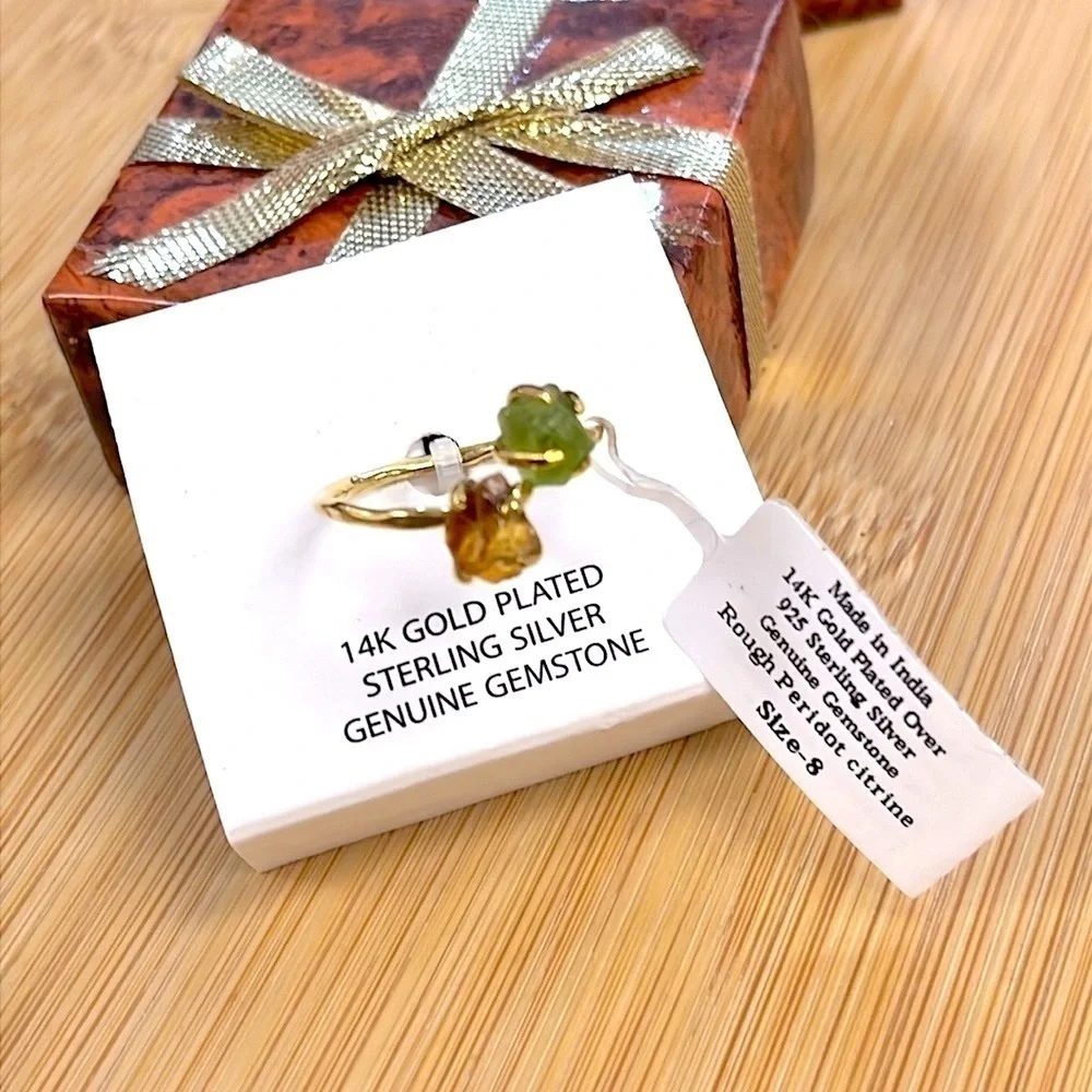 Brand New 14K Gold Plated Sterling Silver Genuine Gemstone Peridot Citrine Ring